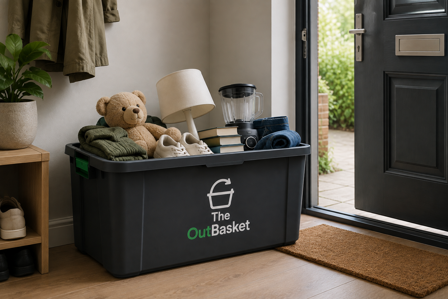 The OutBasket filled with household items by a front door